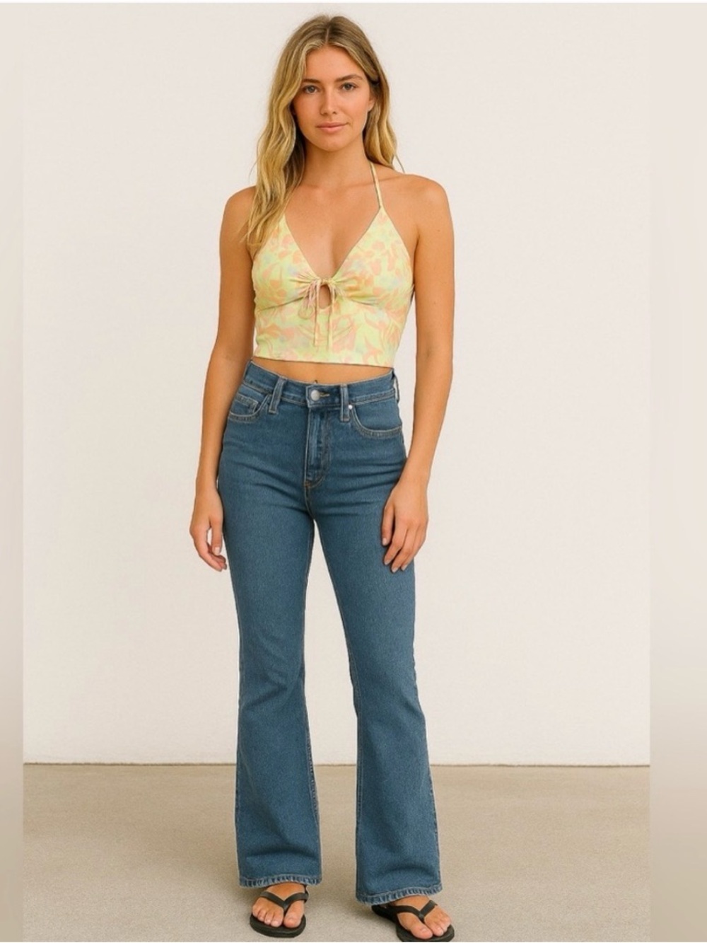 Nicole Miller Petite Pastel Floral Halter Crop Top Deep V Tie Front XS